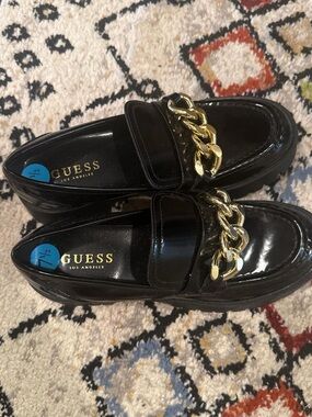 Guess Black Patent Loafers with Gold Chain Accent